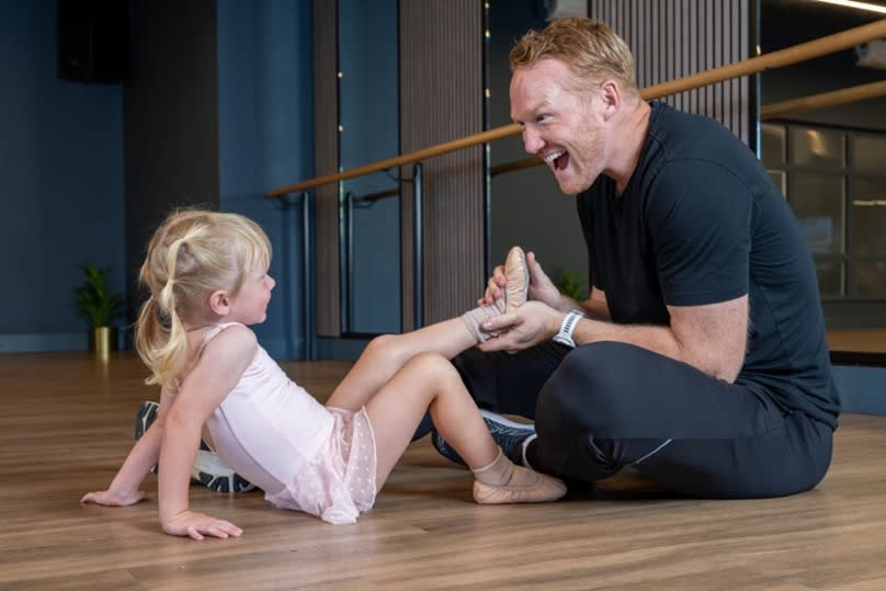 Greg Rutherford and his daughter getting ready for Daddy Ballet